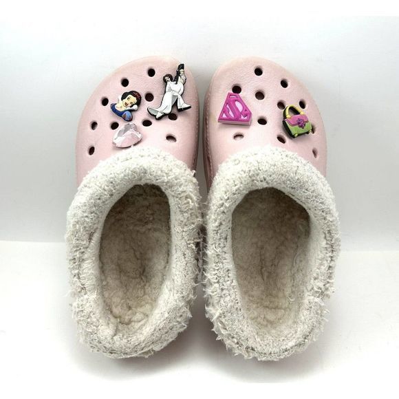 Crocs Classic Kids Pink Fleece Lined Clogs Girls 10/11 5 Jibbitz Disney Star War - Picture 8 of 12